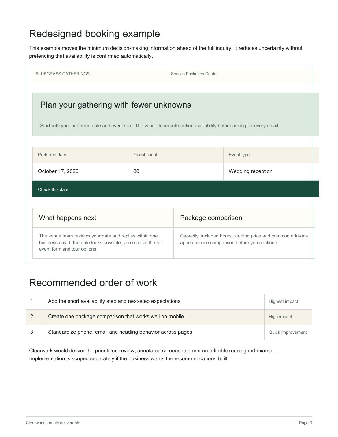Redesigned event booking example with a short availability step and clear next steps